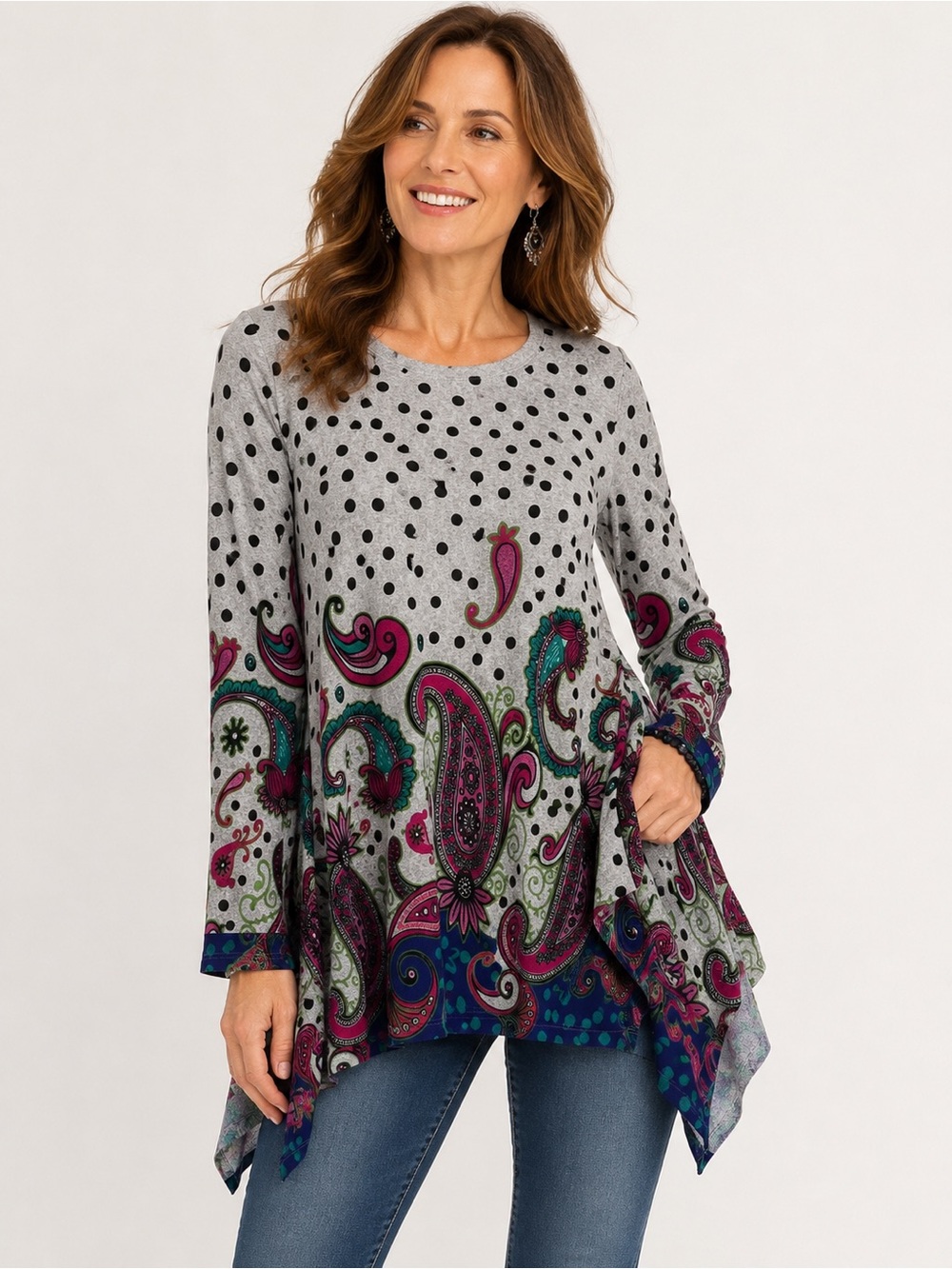 Orange Fashion Village Boho Paisley Polka Dot Tunic Top Asymmetrical Hem Y2K